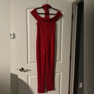 Red Sparkle Off-Shoulder Jumpsuit
